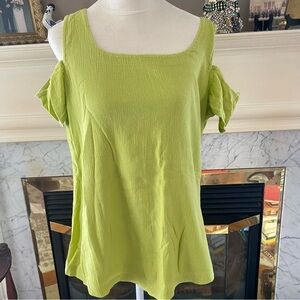 Soft Surroundings Cotton Lime Green Cold Shoulder Gauze Top SP Style 33802